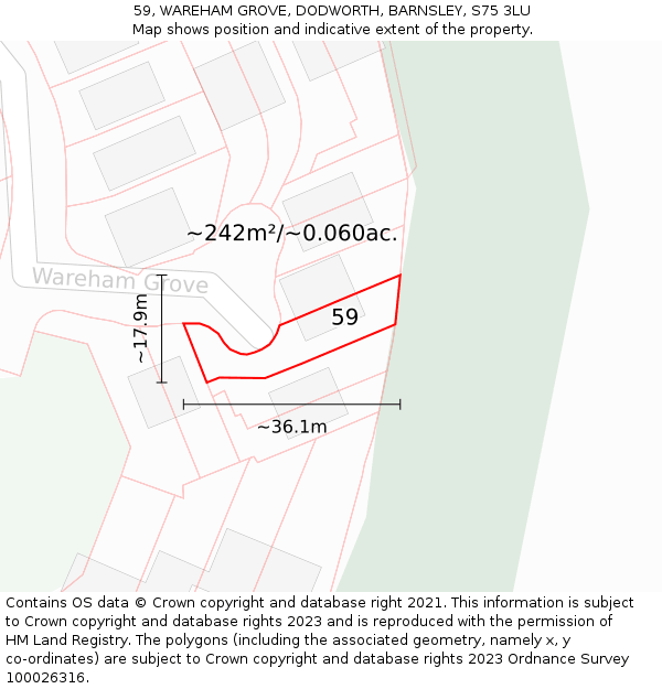 59, WAREHAM GROVE, DODWORTH, BARNSLEY, S75 3LU: Plot and title map