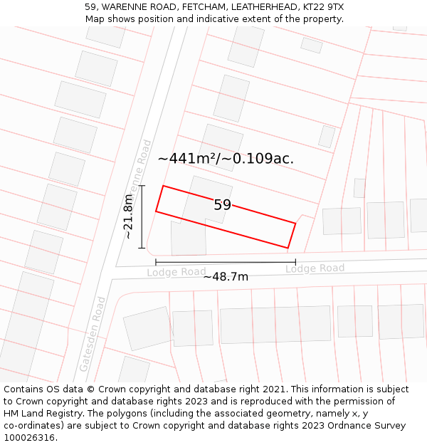 59, WARENNE ROAD, FETCHAM, LEATHERHEAD, KT22 9TX: Plot and title map