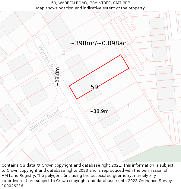 59, WARREN ROAD, BRAINTREE, CM7 3PB: Plot and title map