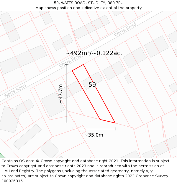 59, WATTS ROAD, STUDLEY, B80 7PU: Plot and title map