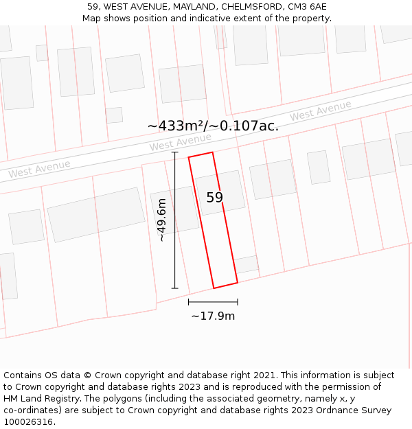 59, WEST AVENUE, MAYLAND, CHELMSFORD, CM3 6AE: Plot and title map