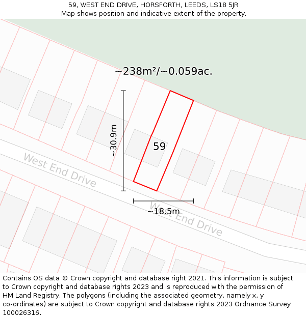 59, WEST END DRIVE, HORSFORTH, LEEDS, LS18 5JR: Plot and title map