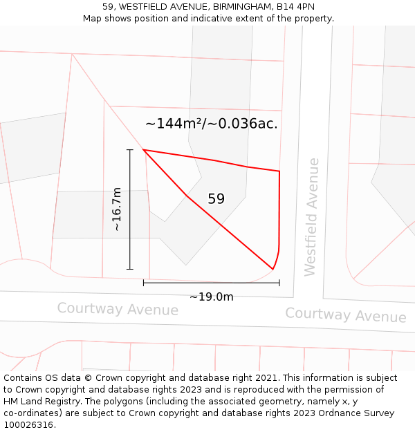 59, WESTFIELD AVENUE, BIRMINGHAM, B14 4PN: Plot and title map