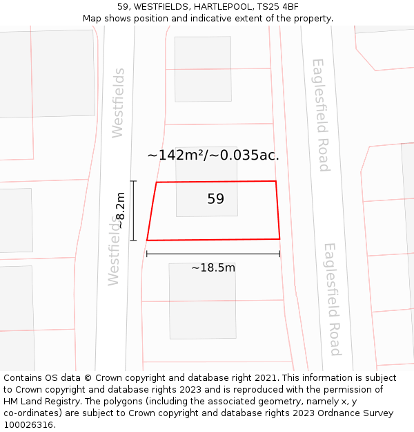 59, WESTFIELDS, HARTLEPOOL, TS25 4BF: Plot and title map