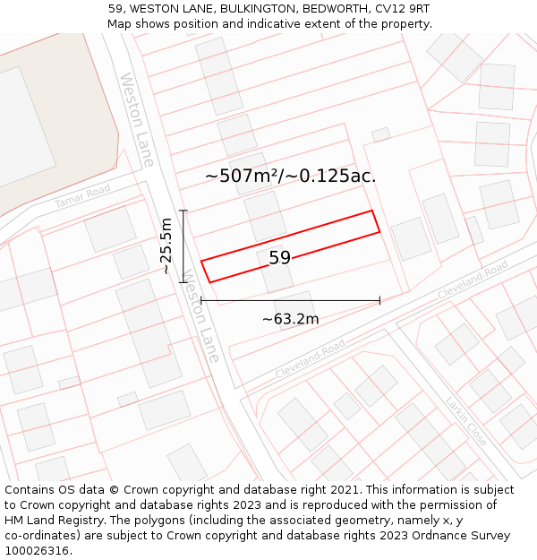 59, WESTON LANE, BULKINGTON, BEDWORTH, CV12 9RT: Plot and title map
