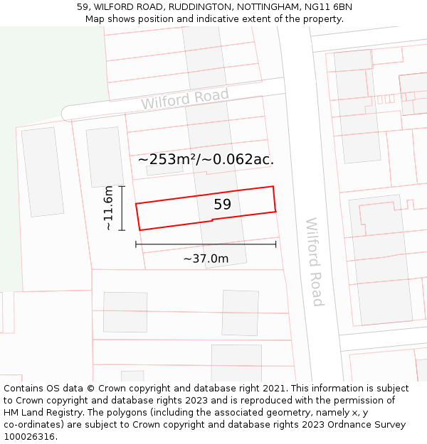 59, WILFORD ROAD, RUDDINGTON, NOTTINGHAM, NG11 6BN: Plot and title map