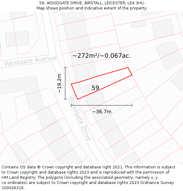 59, WOODGATE DRIVE, BIRSTALL, LEICESTER, LE4 3HU: Plot and title map