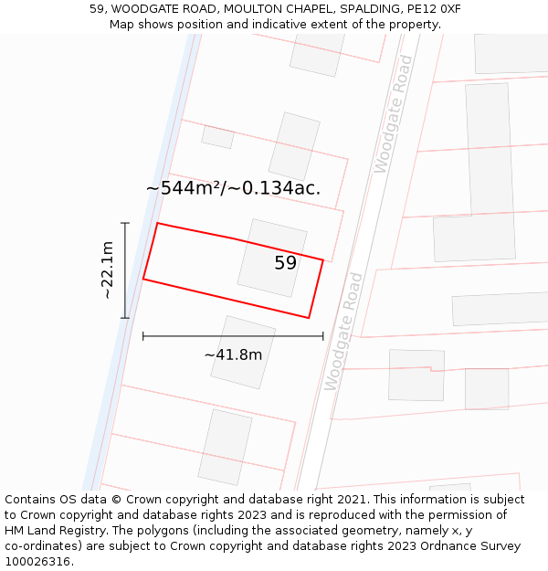 59, WOODGATE ROAD, MOULTON CHAPEL, SPALDING, PE12 0XF: Plot and title map