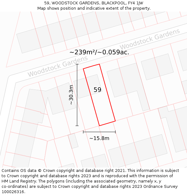 59, WOODSTOCK GARDENS, BLACKPOOL, FY4 1JW: Plot and title map