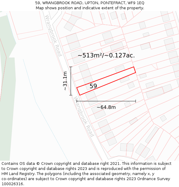 59, WRANGBROOK ROAD, UPTON, PONTEFRACT, WF9 1EQ: Plot and title map