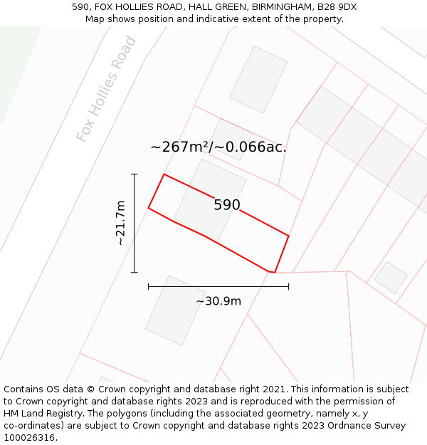 590, FOX HOLLIES ROAD, HALL GREEN, BIRMINGHAM, B28 9DX: Plot and title map