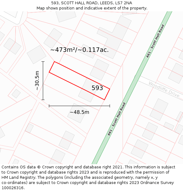 593, SCOTT HALL ROAD, LEEDS, LS7 2NA: Plot and title map