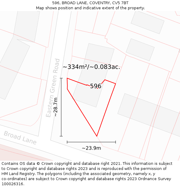 596, BROAD LANE, COVENTRY, CV5 7BT: Plot and title map