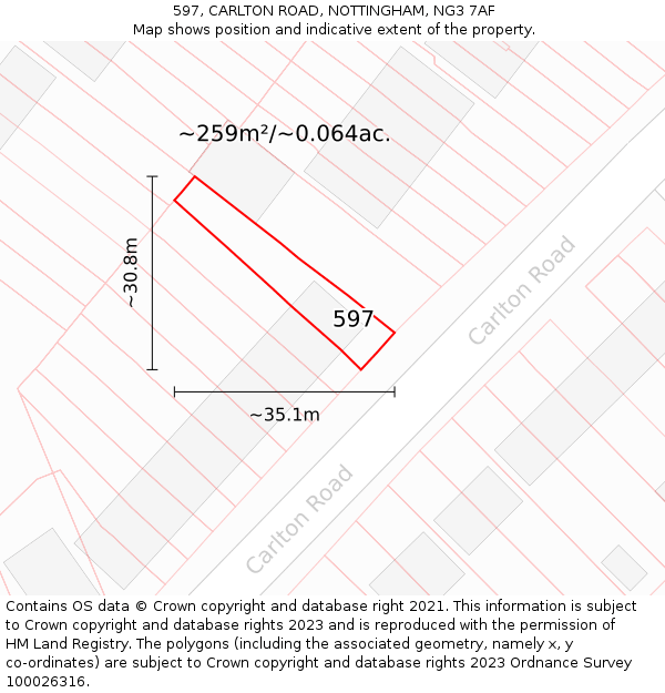 597, CARLTON ROAD, NOTTINGHAM, NG3 7AF: Plot and title map