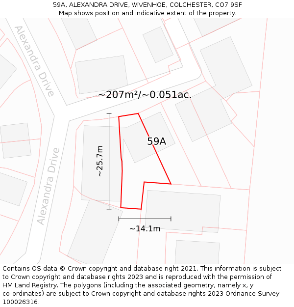 59A, ALEXANDRA DRIVE, WIVENHOE, COLCHESTER, CO7 9SF: Plot and title map