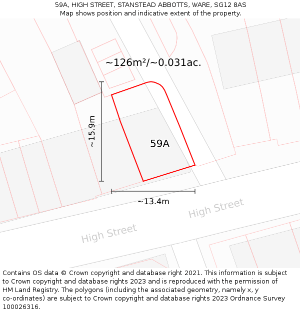 59A, HIGH STREET, STANSTEAD ABBOTTS, WARE, SG12 8AS: Plot and title map