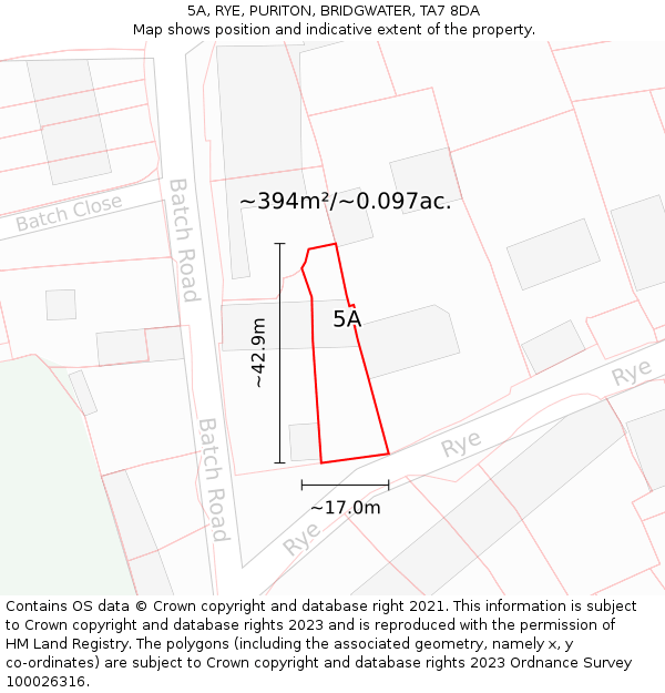 5A, RYE, PURITON, BRIDGWATER, TA7 8DA: Plot and title map