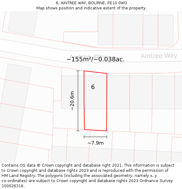 6, AINTREE WAY, BOURNE, PE10 0WG: Plot and title map