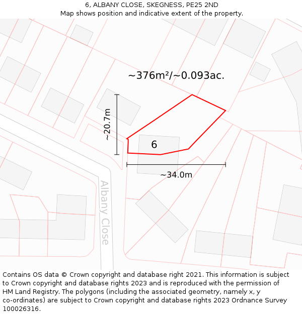 6, ALBANY CLOSE, SKEGNESS, PE25 2ND: Plot and title map