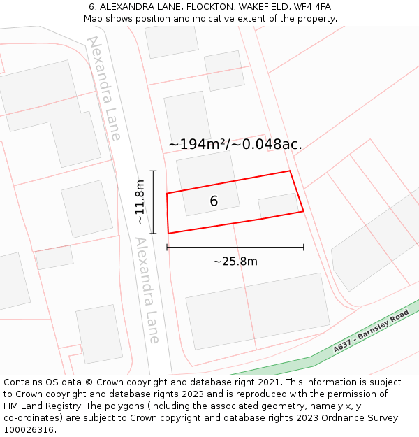 6, ALEXANDRA LANE, FLOCKTON, WAKEFIELD, WF4 4FA: Plot and title map
