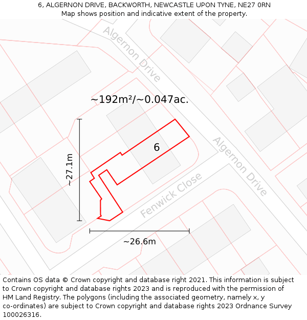 6, ALGERNON DRIVE, BACKWORTH, NEWCASTLE UPON TYNE, NE27 0RN: Plot and title map