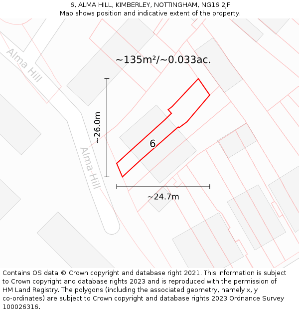 6, ALMA HILL, KIMBERLEY, NOTTINGHAM, NG16 2JF: Plot and title map