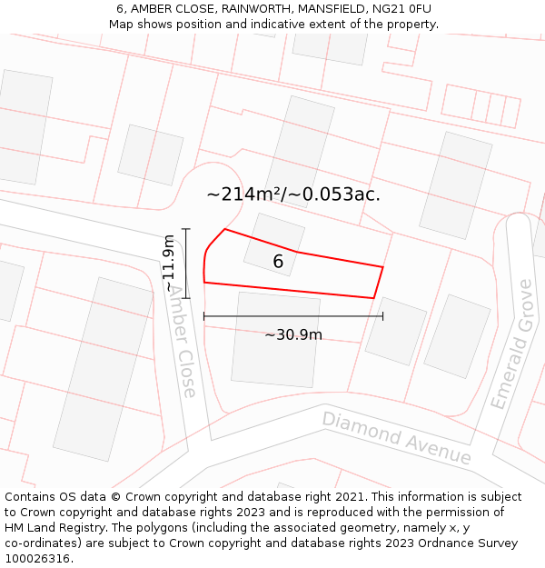 6, AMBER CLOSE, RAINWORTH, MANSFIELD, NG21 0FU: Plot and title map