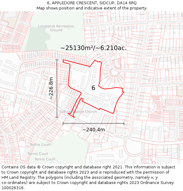 6, APPLEDORE CRESCENT, SIDCUP, DA14 6RQ: Plot and title map