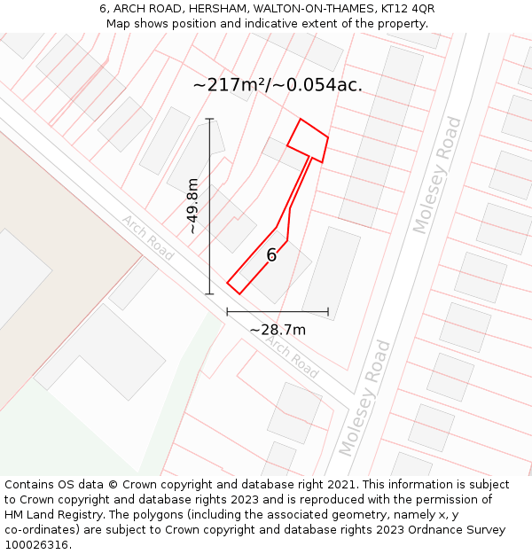 6, ARCH ROAD, HERSHAM, WALTON-ON-THAMES, KT12 4QR: Plot and title map