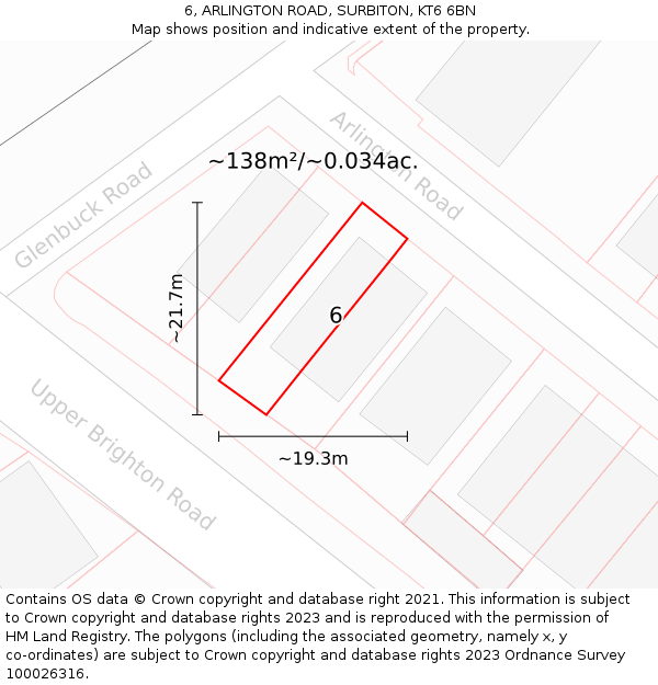 6, ARLINGTON ROAD, SURBITON, KT6 6BN: Plot and title map