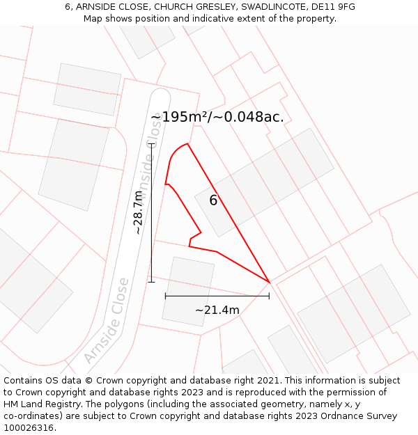 6, ARNSIDE CLOSE, CHURCH GRESLEY, SWADLINCOTE, DE11 9FG: Plot and title map