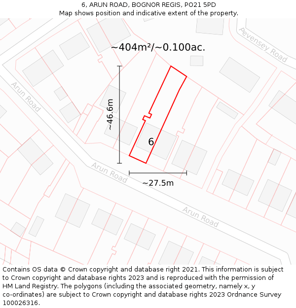 6, ARUN ROAD, BOGNOR REGIS, PO21 5PD: Plot and title map