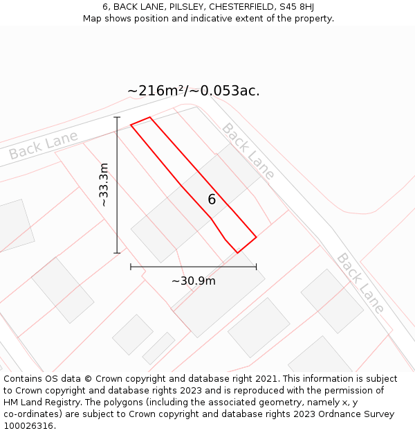 6, BACK LANE, PILSLEY, CHESTERFIELD, S45 8HJ: Plot and title map