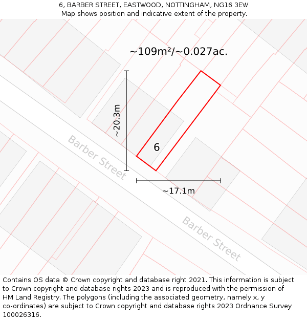 6, BARBER STREET, EASTWOOD, NOTTINGHAM, NG16 3EW: Plot and title map