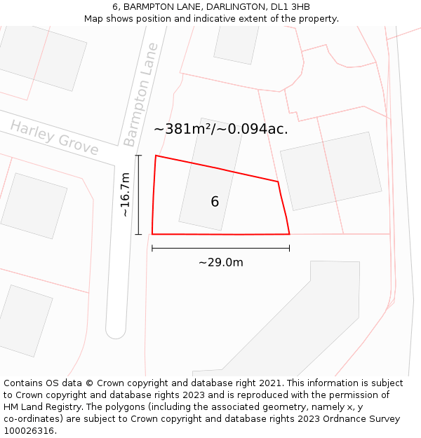 6, BARMPTON LANE, DARLINGTON, DL1 3HB: Plot and title map