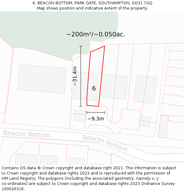 6, BEACON BOTTOM, PARK GATE, SOUTHAMPTON, SO31 7GQ: Plot and title map