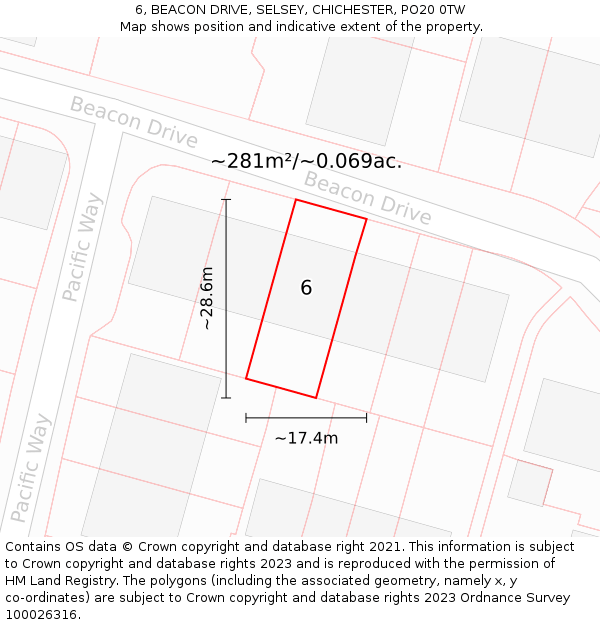 6, BEACON DRIVE, SELSEY, CHICHESTER, PO20 0TW: Plot and title map