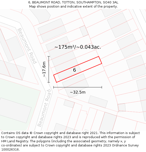 6, BEAUMONT ROAD, TOTTON, SOUTHAMPTON, SO40 3AL: Plot and title map