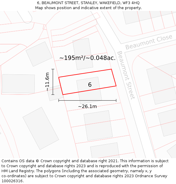 6, BEAUMONT STREET, STANLEY, WAKEFIELD, WF3 4HQ: Plot and title map