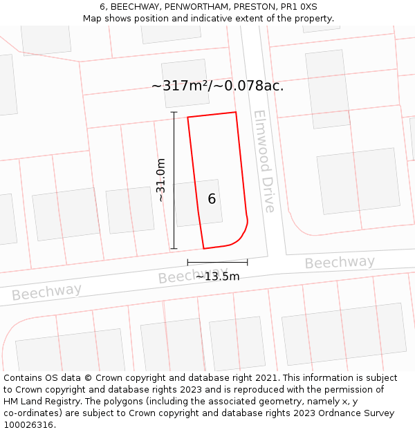 6, BEECHWAY, PENWORTHAM, PRESTON, PR1 0XS: Plot and title map