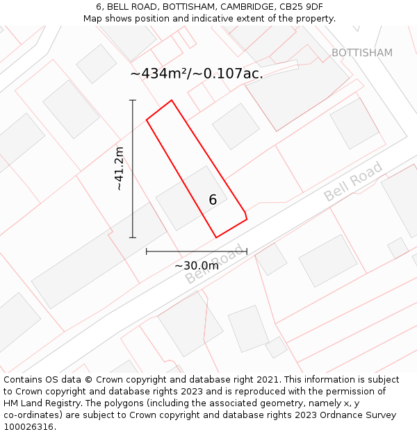 6, BELL ROAD, BOTTISHAM, CAMBRIDGE, CB25 9DF: Plot and title map