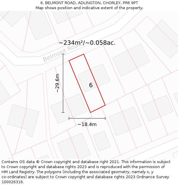 6, BELMONT ROAD, ADLINGTON, CHORLEY, PR6 9PT: Plot and title map