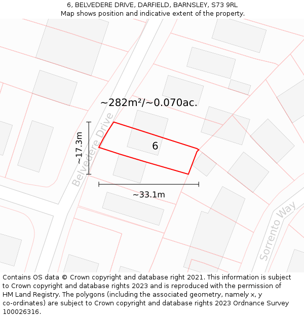 6, BELVEDERE DRIVE, DARFIELD, BARNSLEY, S73 9RL: Plot and title map