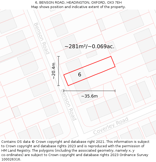 6, BENSON ROAD, HEADINGTON, OXFORD, OX3 7EH: Plot and title map