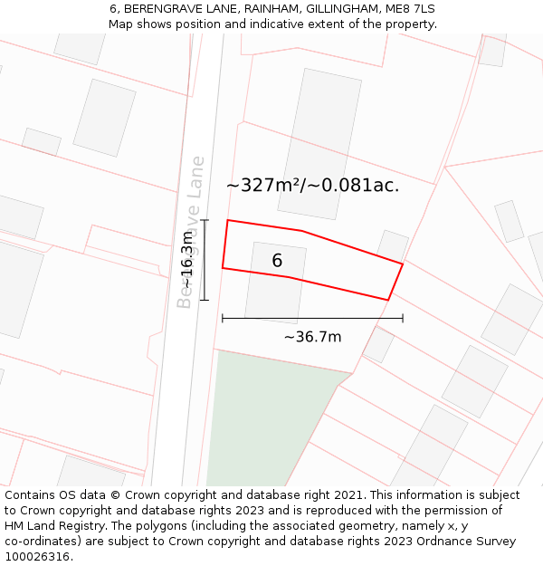 6, BERENGRAVE LANE, RAINHAM, GILLINGHAM, ME8 7LS: Plot and title map