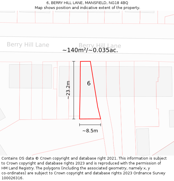 6, BERRY HILL LANE, MANSFIELD, NG18 4BQ: Plot and title map