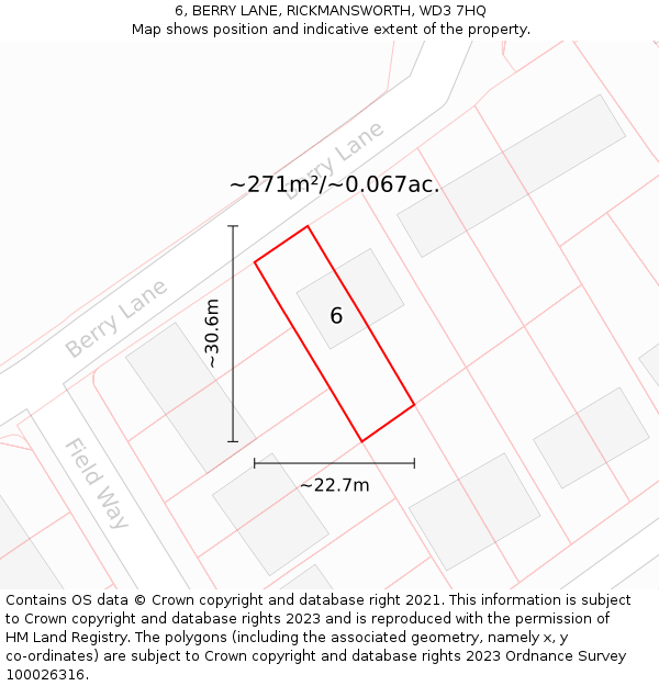 6, BERRY LANE, RICKMANSWORTH, WD3 7HQ: Plot and title map