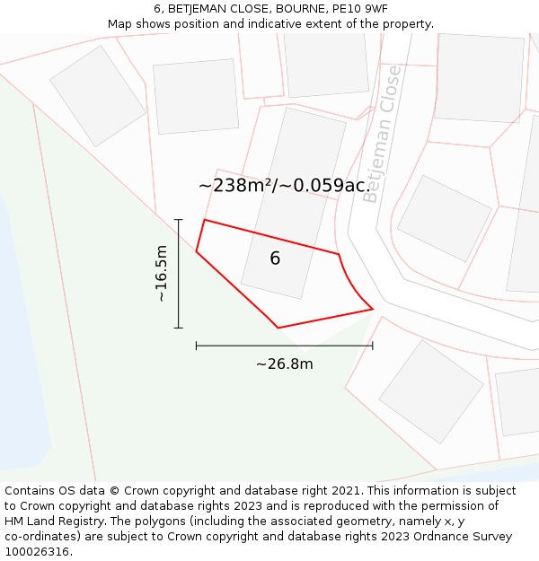 6, BETJEMAN CLOSE, BOURNE, PE10 9WF: Plot and title map