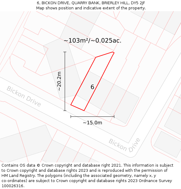 6, BICKON DRIVE, QUARRY BANK, BRIERLEY HILL, DY5 2JF: Plot and title map