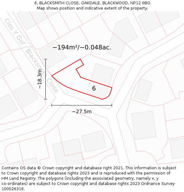 6, BLACKSMITH CLOSE, OAKDALE, BLACKWOOD, NP12 0BG: Plot and title map